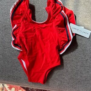 Janie and Jack Red Ruffle One-Piece with Navy & White Trim